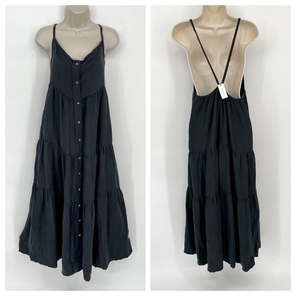 Anemos NEW The Flounce Tiered Button-Down Midi Dress Linen Blend Sz L Black $435 - Picture 1 of 10